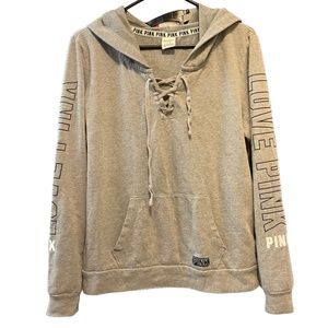 Victoria secret pink hoodie tie up sweatshirt medium gray